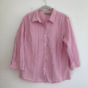 LL Bean Seersucker Striped Button Down Shirt Pink White Beachy Cruise Travel XL